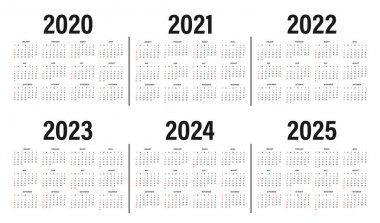 Takvim 2020-2025 yıl şablonu. Siyah beyaz renklerde takvim maket tasarımı, kırmızı renklerde tatil, hafta pazar günü başlar