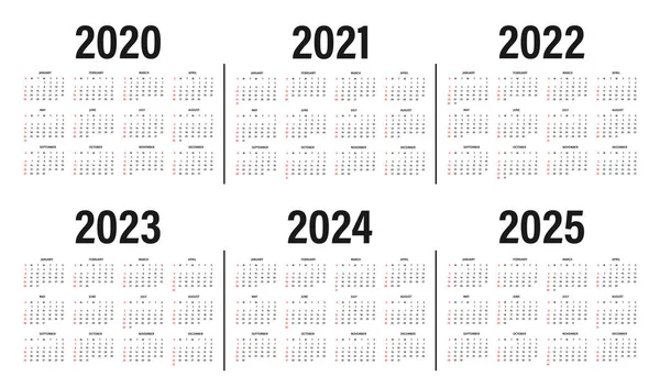 Kalendarz od 2020 do 2025 lat szablon. Kalendarz makieta projekt w czarno-białych kolorach, wakacje w czerwonych kolorach, tydzień zaczyna się w niedzielę — Wektor stockowy