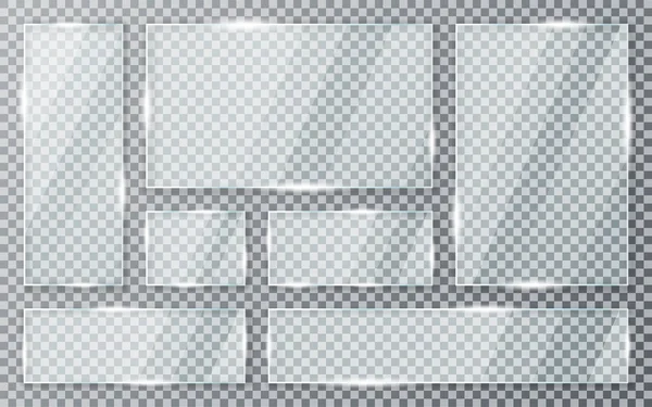 Cam plakalar şeffaf arka plan üzerine ayarlanır. Gırtlak ve ışık ile akrilik ve cam doku. Dikdörtgen çerçevede gerçekçi saydam cam pencere — Stok Vektör