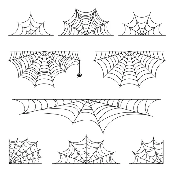 Uppsättning spindelväv för Halloween. Halloween Cobweb, ramar och gränser, skrämmande element för dekoration. Handritad spindelväv eller spindelnät med hängande spindel — Stock vektor
