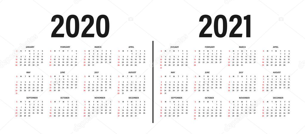 Calendar 2020 and 2021 template. Calendar design in black and white colors, holidays in red colors, week starts on sunday