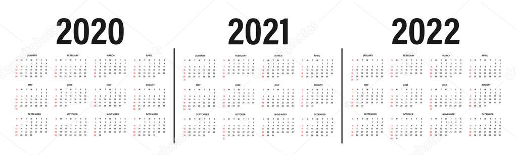 Calendar 2020, 2021 and 2022 template. Calendar mockup design in black and white colors, holidays in red colors, week starts on sunday Stock Vector