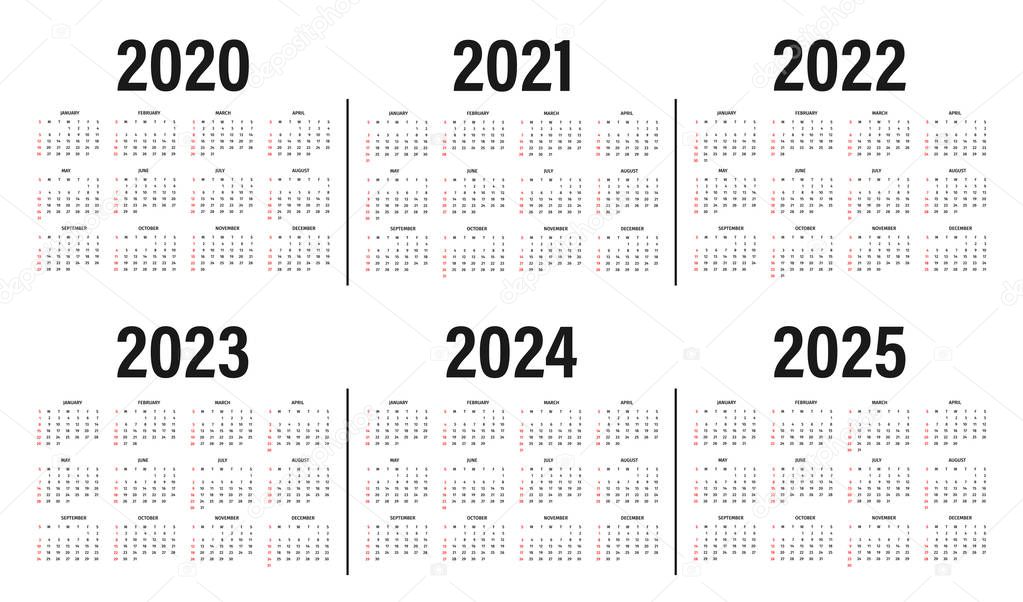 Calendar from 2020 to 2025 years template. Calendar mockup design in