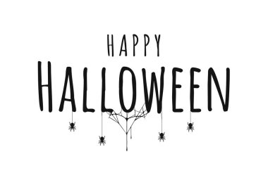 Mutlu Cadılar Bayramı yazısı. Örümcek ağı ve tebrik kartları, posterler, afişler, el ilanları ve davetiyeler için örümcekler ile el yazısı kaligrafi. Mutlu Cadılar Bayramı metin, tatil arka plan