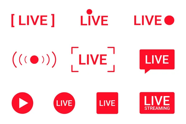 Élő adatfolyam-ikonok beállítása. Vörös szimbólumok és gombok élő közvetítés, műsorszórás, online stream. Alsó harmadik sablon a TV, előadások, filmek és élő előadások — Stock Vector