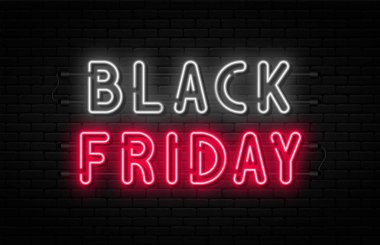 Black Friday sale. Black Friday neon sign on brick wall background. Glowing white and red neon text for advertising and promotion. Banner and background, brochure and flyer design concept