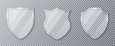 Cam kalkan. Şeffaf cam kalkanlar ve akrilik paneller. Korumanın, güvenliğin, güvenliğin ve korumanın kavramsal sembolü. Arkaplanda şeffaf cam kalkanlar var. Vektör