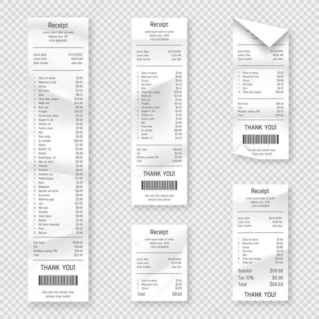Set of paper receipts isolated on background. Realistic paper receipt, check and payment bill printed on rolled and curved thermal paper. Vector receipt and purchase bill