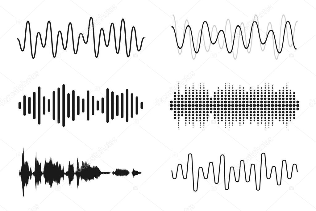 Set of sound waves. Analog and digital line waveforms. Musical sound waves, equalizer and recording concept. Electronic sound signal, voice recording. Vector