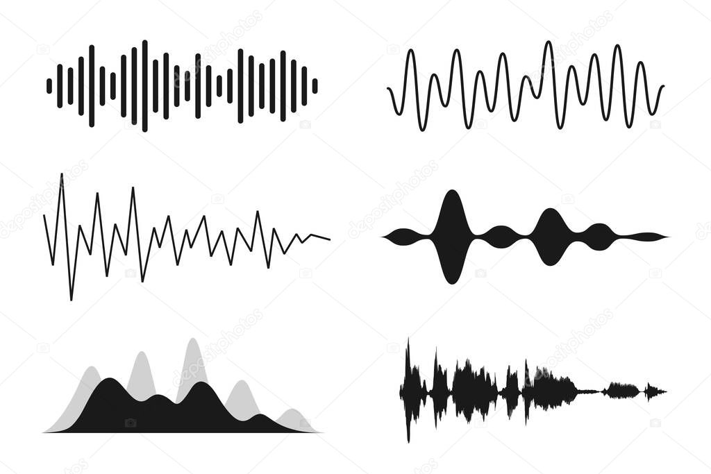 Set of sound waves. Analog and digital line waveforms. Musical sound waves, equalizer and recording concept. Electronic sound signal, voice recording. Vector