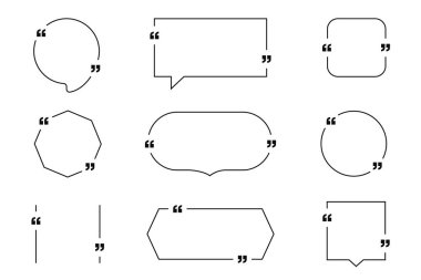 Metin kutusundan alıntı yap, metin için yeri olan çerçeveden alıntı yap. Alıntı baloncukları seti. Soyut mesaj kutusu şablonları, ileti sınırı ve alıntı çerçeveleri. Vektör