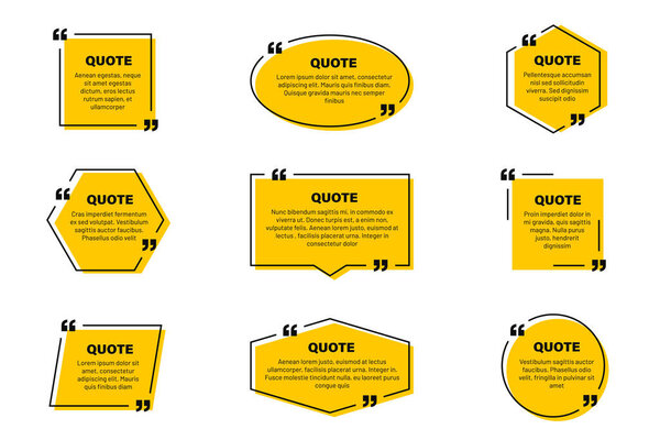 Quote text box, quote frame with space for text. Set of quotation bubbles. Abstract texting box templates, message border and quote frames with yellow background. Vector