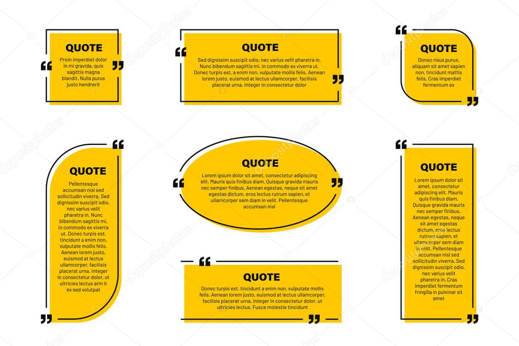 Quote text box, quote frame with space for text. Set of quotation bubbles. Abstract texting box templates, message border and quote frames with yellow background. Vector