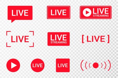Set of live streaming icons. Red symbols and buttons of live streaming, broadcasting, online stream. Lower third template for TV, shows, movies and live performances. Vector clipart