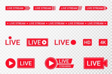 Canlı yayın ikonları seti. Kırmızı semboller ve canlı yayın, yayın, online yayın düğmeleri. Televizyon, gösteriler, filmler ve canlı performanslar için düşük üçüncü şablon. Vektör