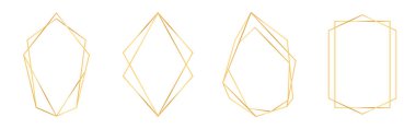 Art deco tarzında altın geometrik çerçeveler. Düğün davetiyeleri ve düğün kartları için lüks altın çerçeveler ya da sınırlar. Soyut geometrik şekiller. Vektör