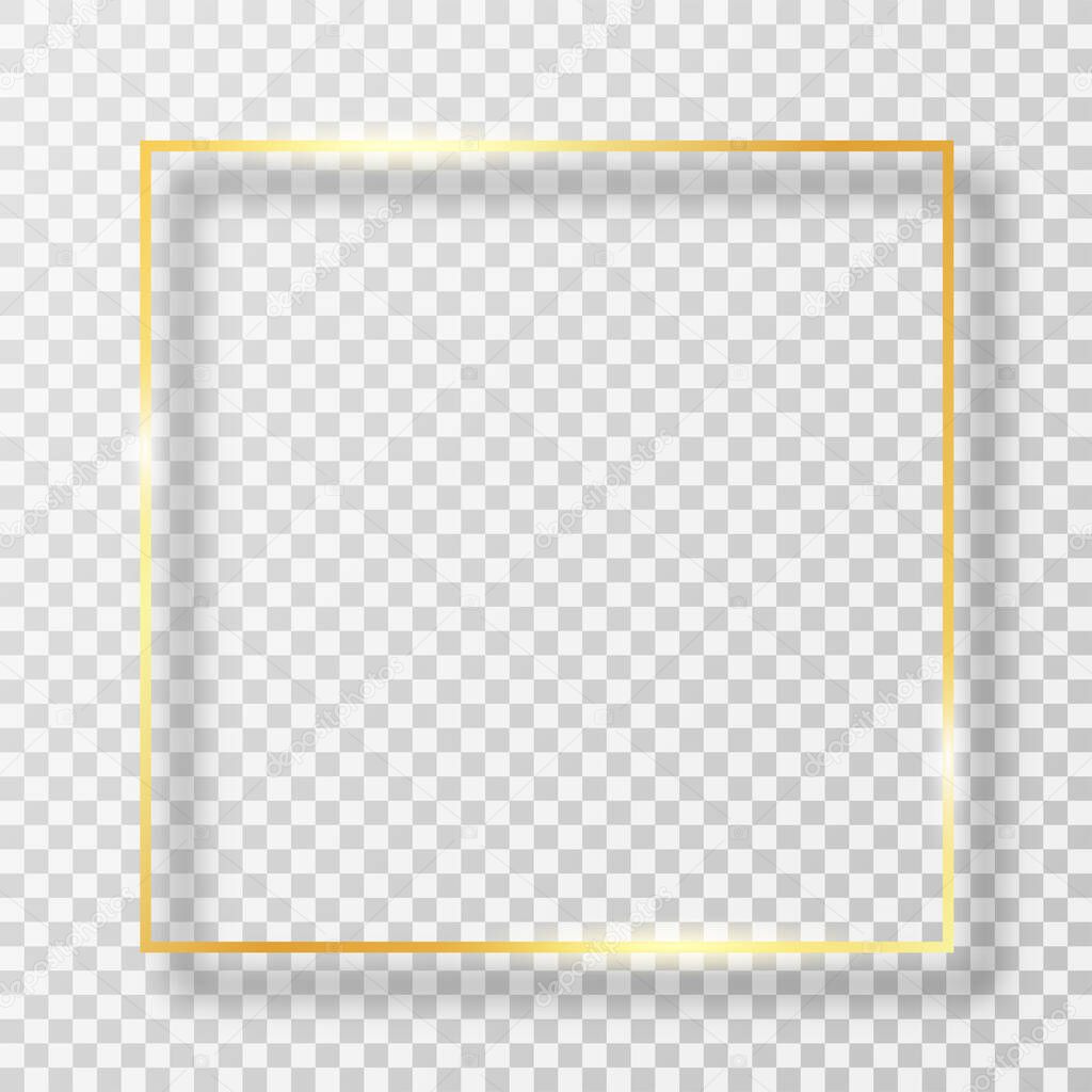 Golden frame in square shape with light effect. Golden luxury frame or border with glares and light on transparent background. Vector