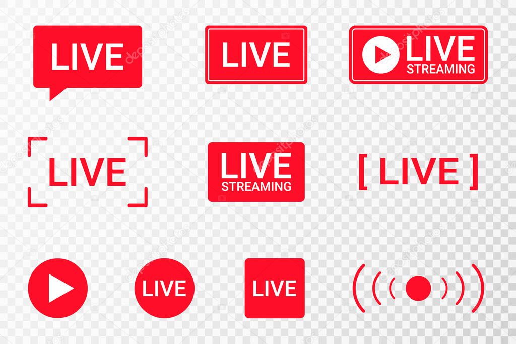 Set of live streaming icons. Red symbols and buttons of live streaming, broadcasting, online stream. Lower third template for TV, shows, movies and live performances. Vector