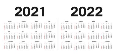 Takvim 2021 ve 2022 şablonu. Takvim şablonu siyah beyaz, tatiller kırmızı renklerde. Vektör