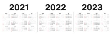 Takvim 2021, 2022 ve 2023 şablonu. Takvim şablonu siyah beyaz, tatiller kırmızı renklerde. Vektör