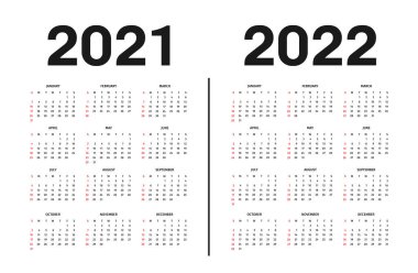 Takvim 2021 ve 2022 şablonu. Takvim şablonu siyah beyaz, tatiller kırmızı renklerde