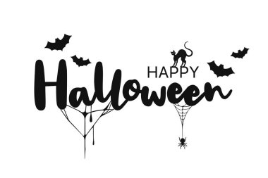 Mutlu Cadılar Bayramı mektupları. Örümcek, kedi ve örümcek ağlı el yazısıyla tebrik kartı, poster, afiş, broşür ve davetiye. Mutlu Cadılar Bayramı mesajları, ürkütücü bir geçmiş. Vektör