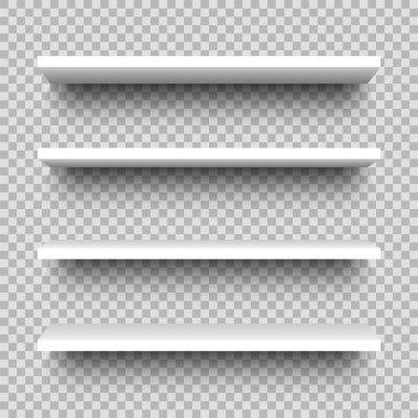 Raflar, ön manzara. Beyaz boş raflar, vitrin vitrinleri. Şeffaf arkaplanda gerçekçi 3d ekran görüntüsü izole edildi. Vektör