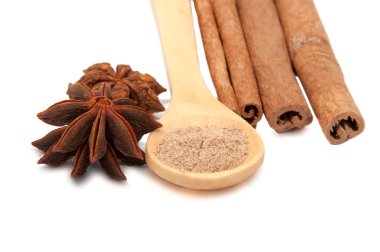 Tarçın baharat üzerinde beyaz izole kaşık ile sopa