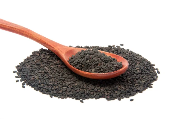 Black Sesame Seeds Wooden Spoon Isolated White — Stock Photo, Image