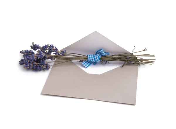 Enveloppe Papier Artisanal Avec Blanc Pour Courrier Lavande Isolé Sur — Photo