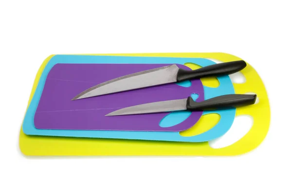 Deska Krojenia Plastikowe Kuchenne Nożem Białym Tle — Zdjęcie stockowe