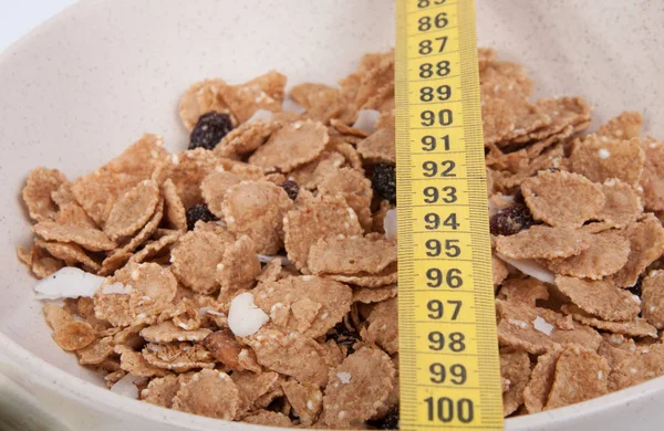 Cereal Orgánico Tazón Beige Con Cinta Métrica Alimento Dietético — Foto de Stock