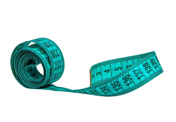 Blue rubber tape measure for sewing cloth or fabric isolated on the white