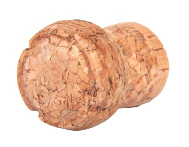 Şampanyalı şarap mantarı beyaza izole edilmiş.