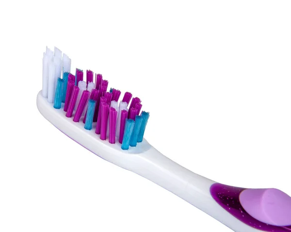 Weiße Und Violette Zahnbürste Für Zähne Gesundheitswesen Auf Weißen Zähnen — Stockfoto