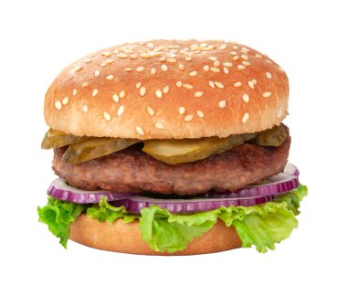 Lezzetli Amerikan ızgara burgeri beyaz üzerine izole edilmiş.