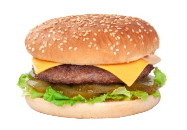 Lezzetli Amerikan ızgara burgeri beyaz üzerine izole edilmiş.