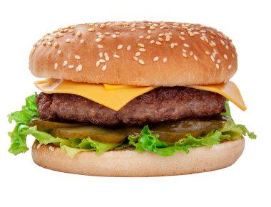 Lezzetli Amerikan ızgara burgeri beyaz üzerine izole edilmiş.