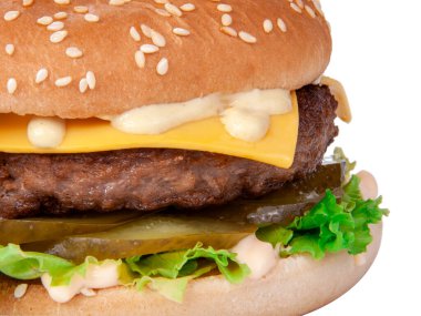 Lezzetli Amerikan ızgara burgeri beyaz üzerine izole edilmiş.