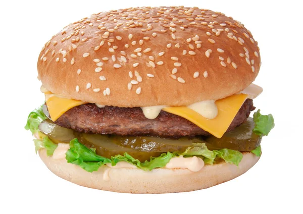 Smaczny Amerykański Grill Burger Izolowany Białym — Zdjęcie stockowe