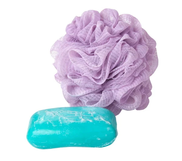 Blue Soap Shower Sponge Isolated White — Stock Photo, Image