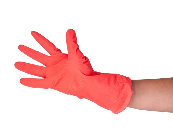 Roze Rubber Handschoen Vrouw Hand Geïsoleerd Witte — Stockfoto
