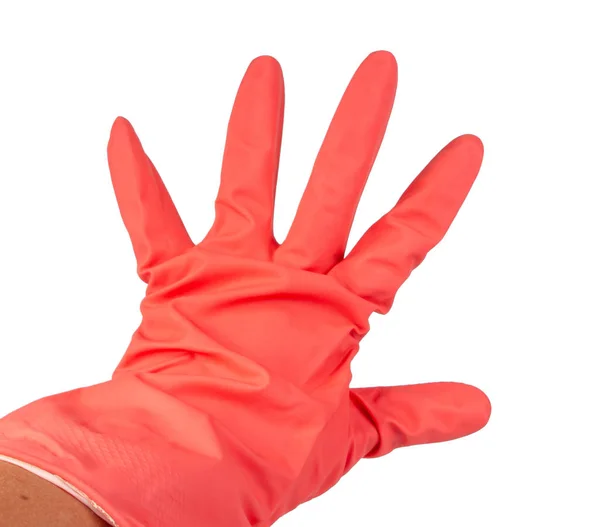 Roze Rubber Handschoen Vrouw Hand Geïsoleerd Witte — Stockfoto