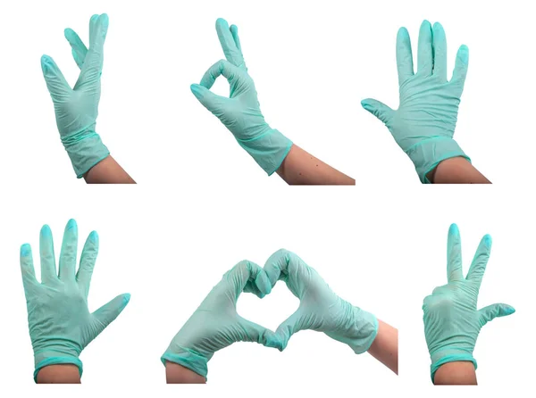 Коллекция Набор Медицинских Резиновых Перчаток Руке Изолированных Белом — стоковое фото