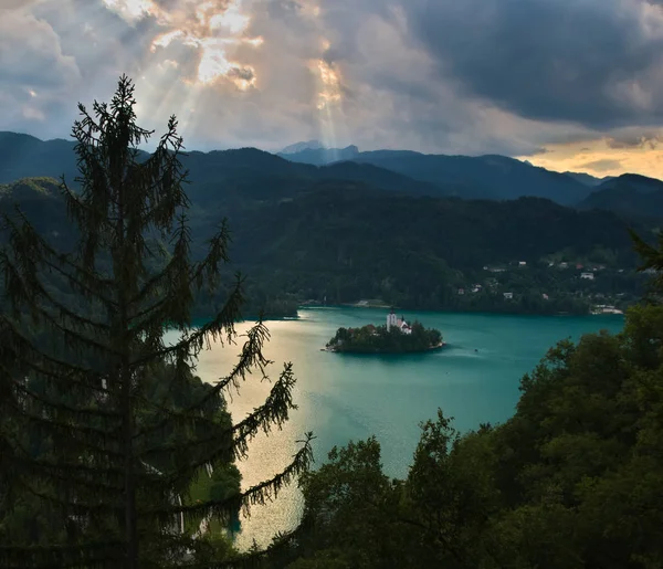 Eglise Mère Dieu Sur Lac Bled Slovénie Coucher Soleil — Photo