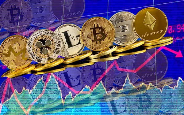 Cryptocurrency grafik mavi arka planı