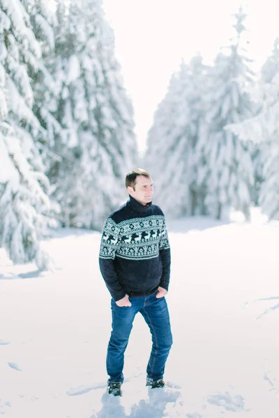 Jovem Camisola Malha Posando Floresta Fria Inverno — Fotografia de Stock