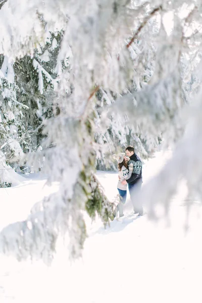 对年轻的夫妇拥抱和亲吻在冬季森林 — 图库照片