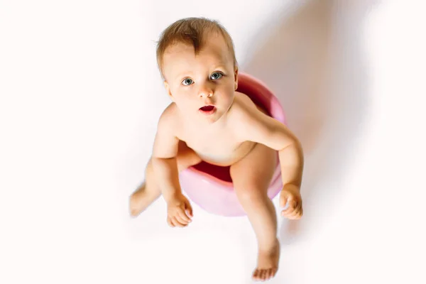 Cute Little Girl Home Sitting Chamber Pot Concept Potty Training — Stock Photo, Image