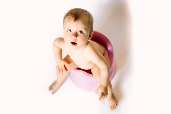 Baby Girl Sits Children Pot Toilet White Background — Stock Photo, Image